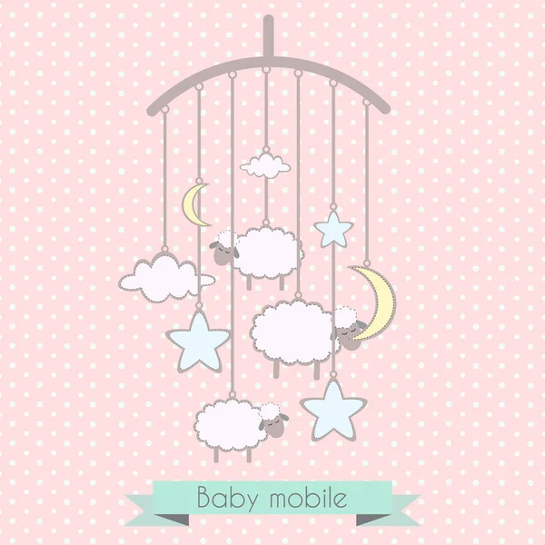 Bébé Mobile Avec Petits Agneaux Étoiles Lune Nuages Invitation Douche — Image vectorielle