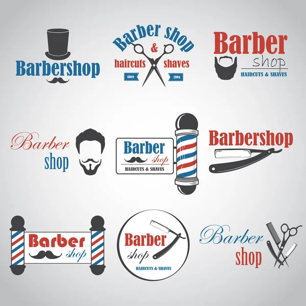 Conjunto Emblemas Barbearia Vintage Etiqueta Crachás Elementos Projetados Ilustração Vetorial — Vetor de Stock