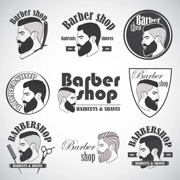 ビンテージ理髪店エンブレム ラベル バッジおよび設計要素のセットです ひげを持つ男ヒップスター ベクトル図 — ストックベクタ