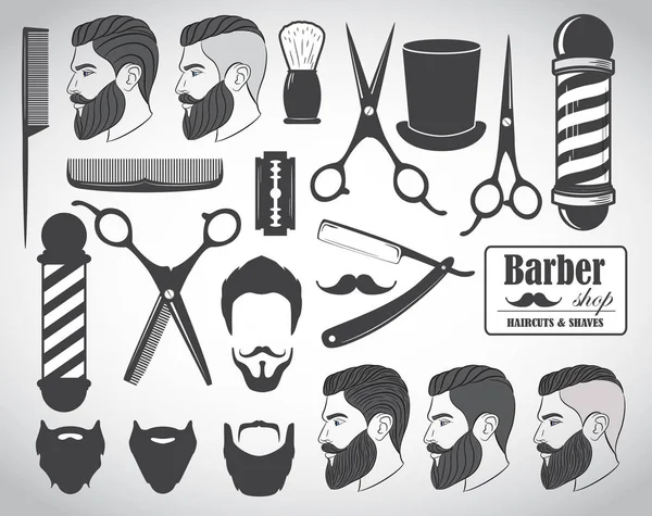 Conjunto Elementos Barbearia Vintage Ícones Rótulos Ilustração Vetorial —  Vetores de Stock