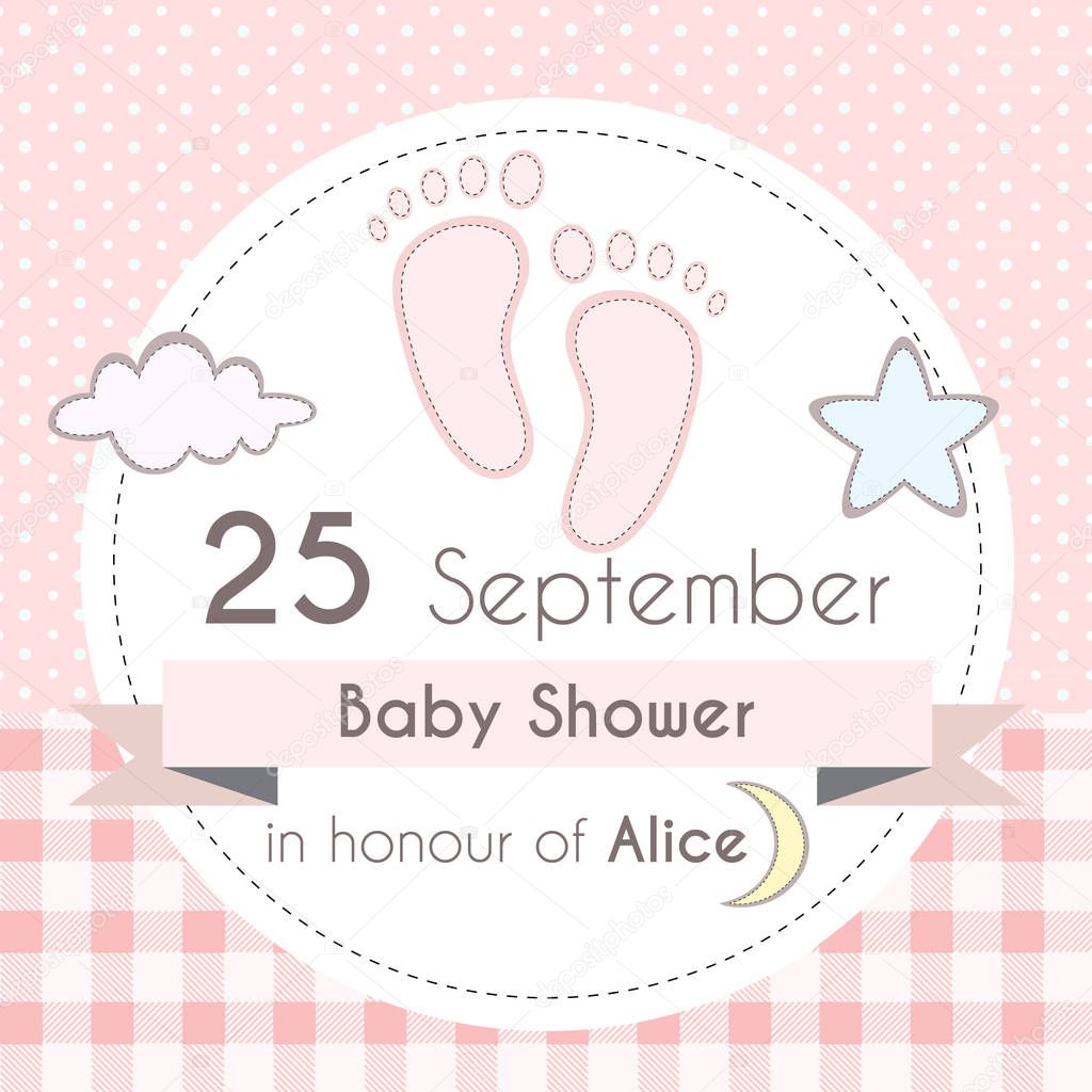 Baby shower girl invitation card, template for scrapbooking with little foot steps, stars, moon and clouds. Vector illustration. 