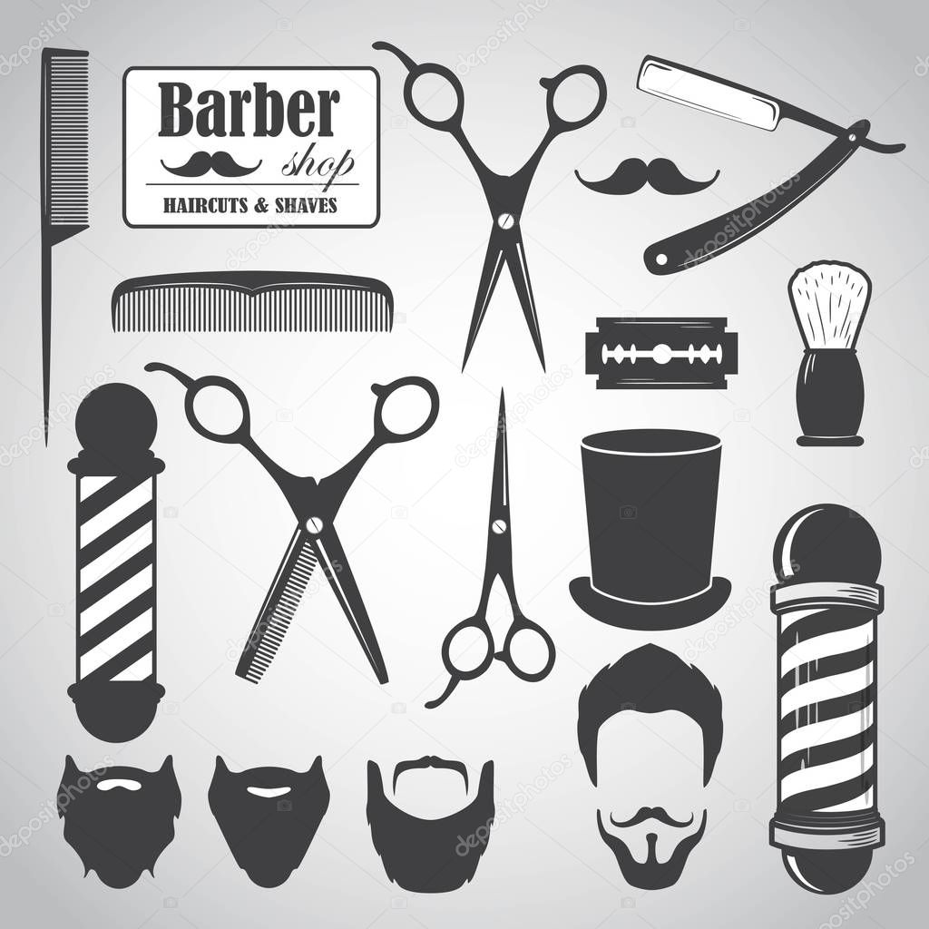 Set of vintage barber shop elements, icons, labels. Vector illustration