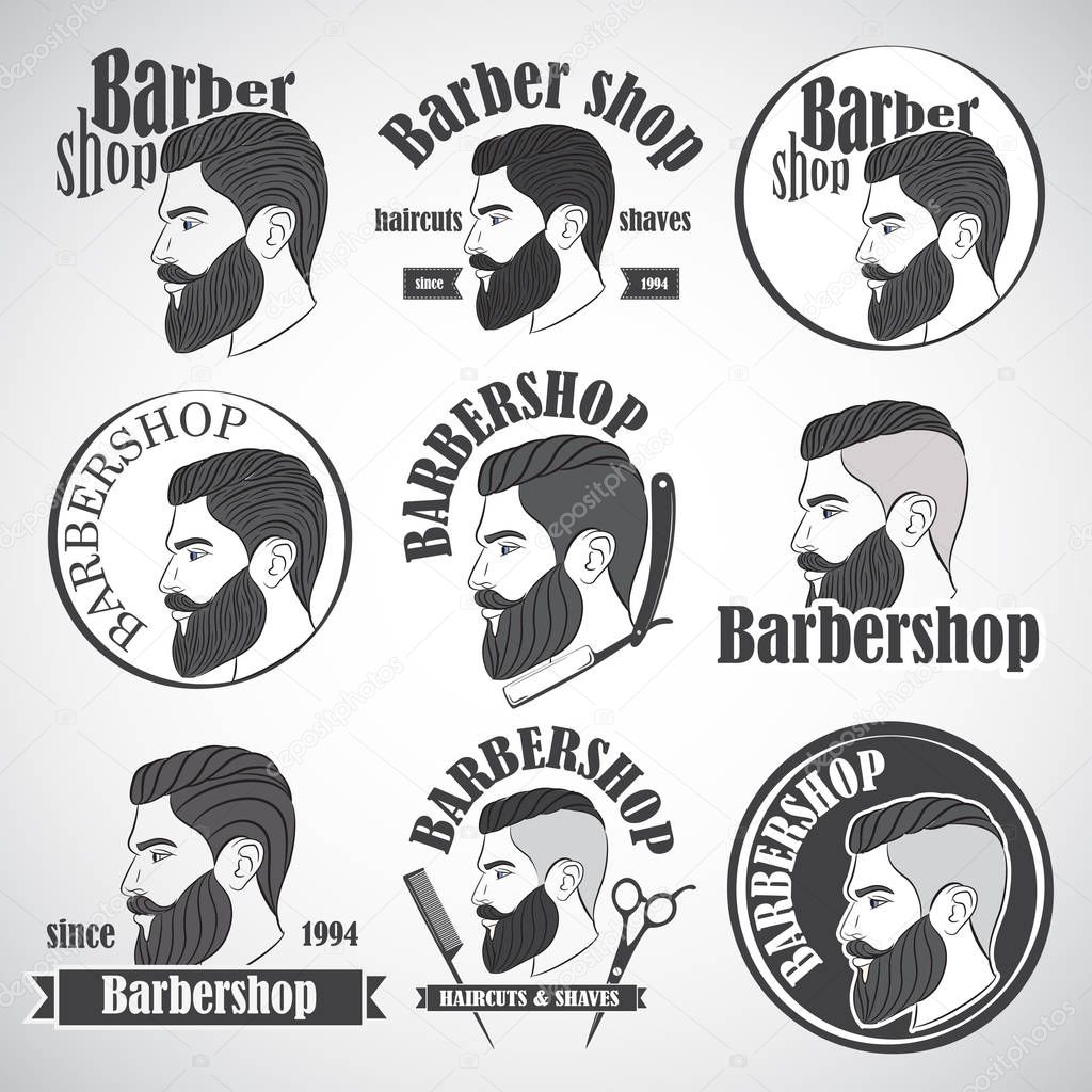 Set of vintage barber shop emblems, label, badges and designed elements. Man with beard, hipster. Vector illustration