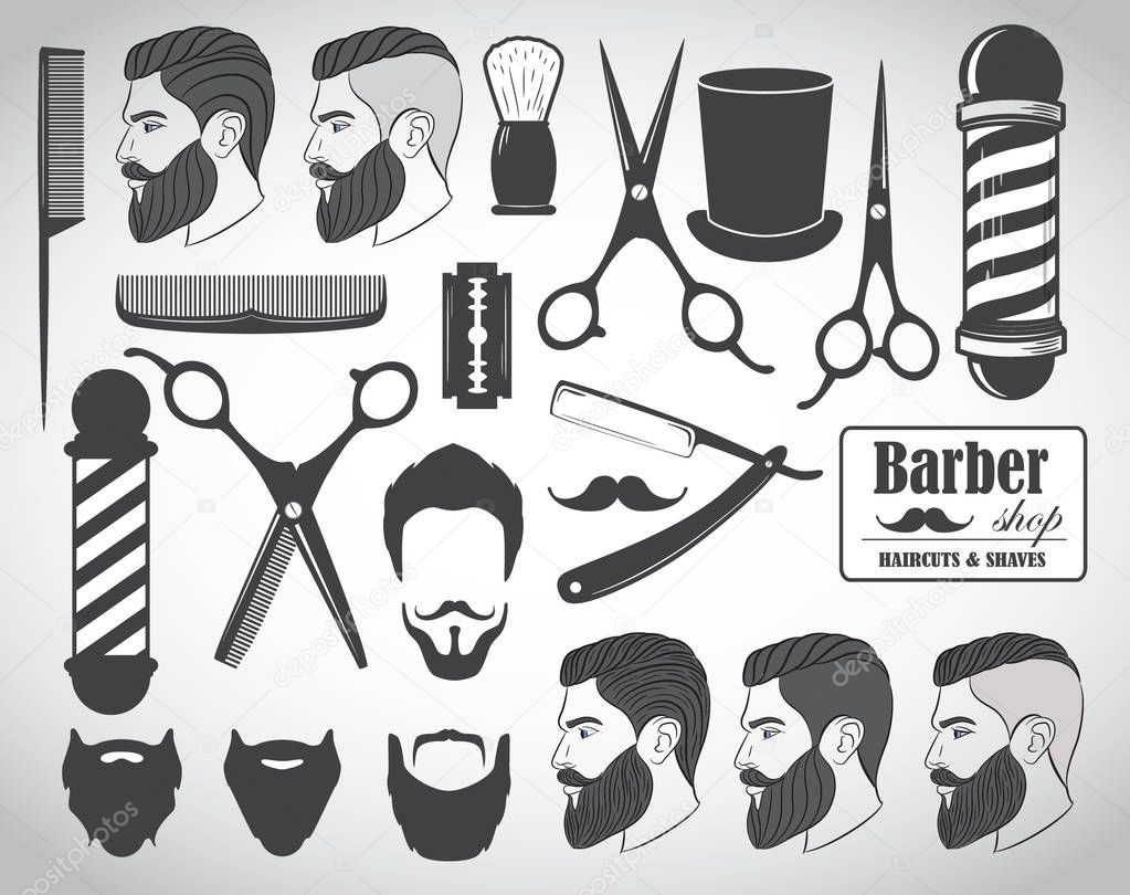 Set of vintage barber shop elements, icons, labels. Vector illustration