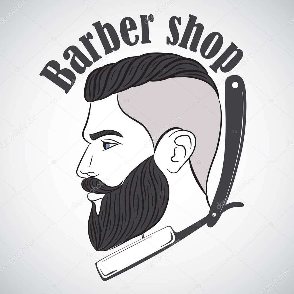 Vintage barber shop emblem, label, badge, logo. Man with beard, hipster. Vector illustration