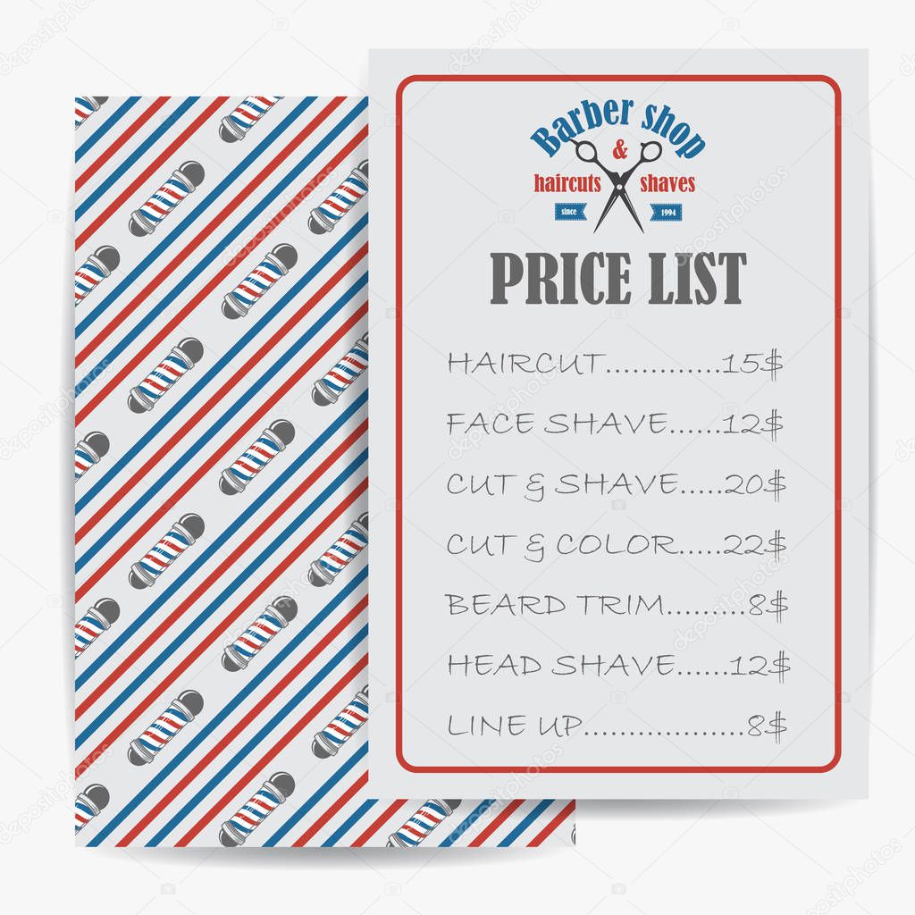 Barber shop price or brochure list with prices at the hairstyles and haircuts. Vector illustration