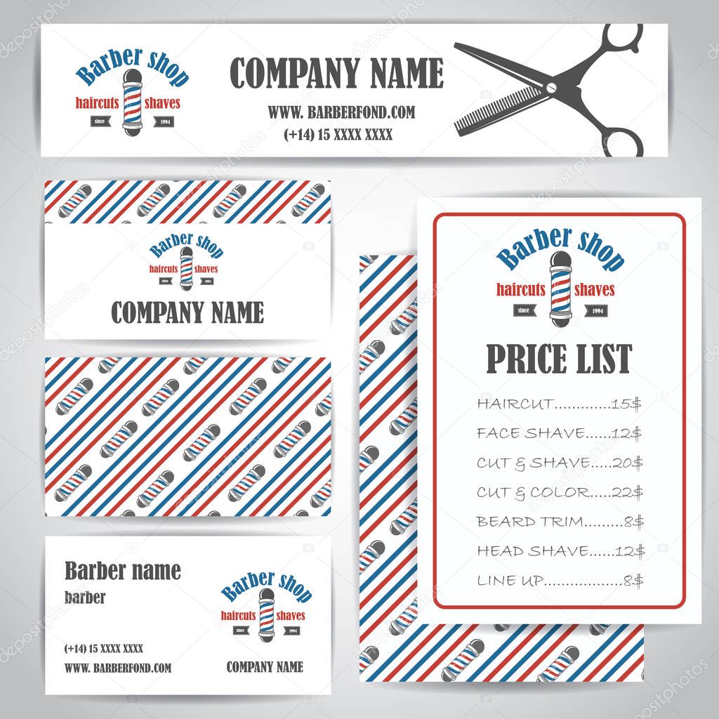 Hair salon barber shop vintage business cards and prices design template set. Vector illustration