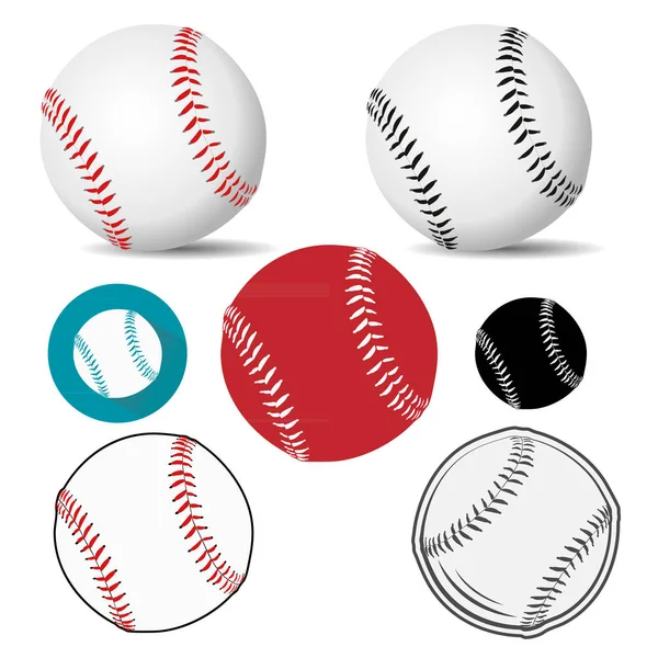 Baseball Piłka Realistyczny Logo Ikony Białej Skóry Szwami Czerwony Czarny — Wektor stockowy