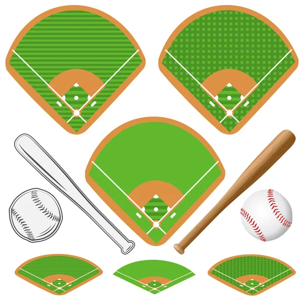 Campos Béisbol Pelota Cuero Murciélagos Madera Campos Isométricos Ilustración Vectorial — Vector de stock