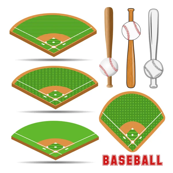 Baseballfelder Lederball Und Holzschläger Isometrische Felder Vektorillustration — Stockvektor
