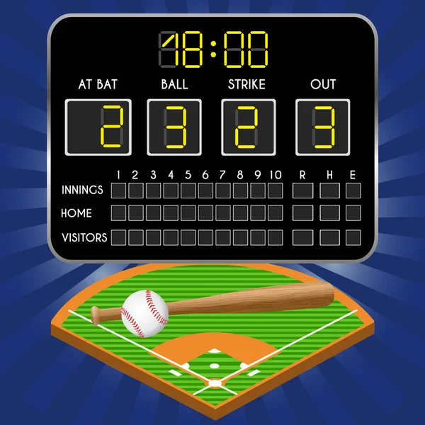 Baseballfeld Mit Anzeigetafel Zahlen Schläger Ball Vektorillustration — Stockvektor