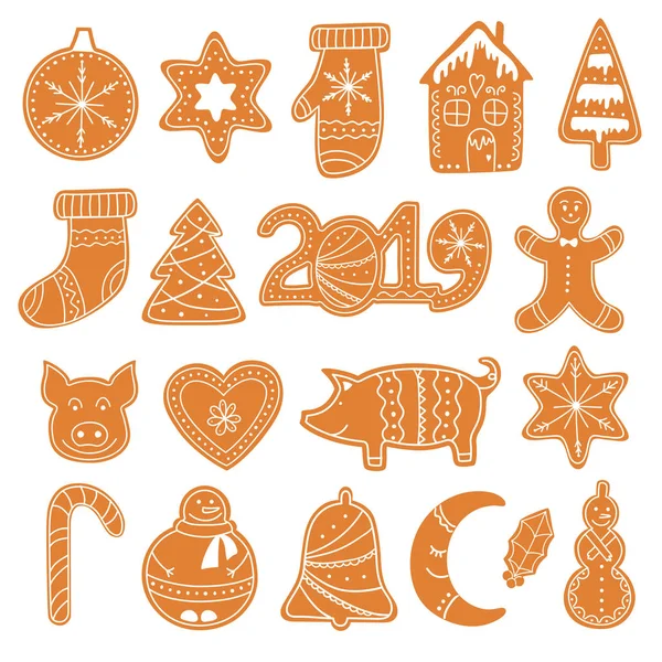 Set Christmas Gingerbread Cookies Figures Snowman Pig Sock Gingerbread Men — Stock Vector