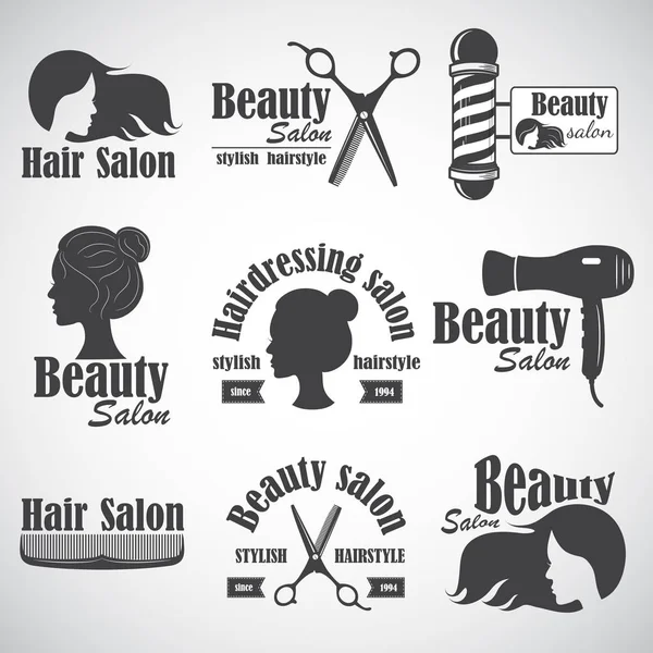 Set Vector Emblem Label Badge Logos Hairdresser Salon Hair Beauty — Stock Vector