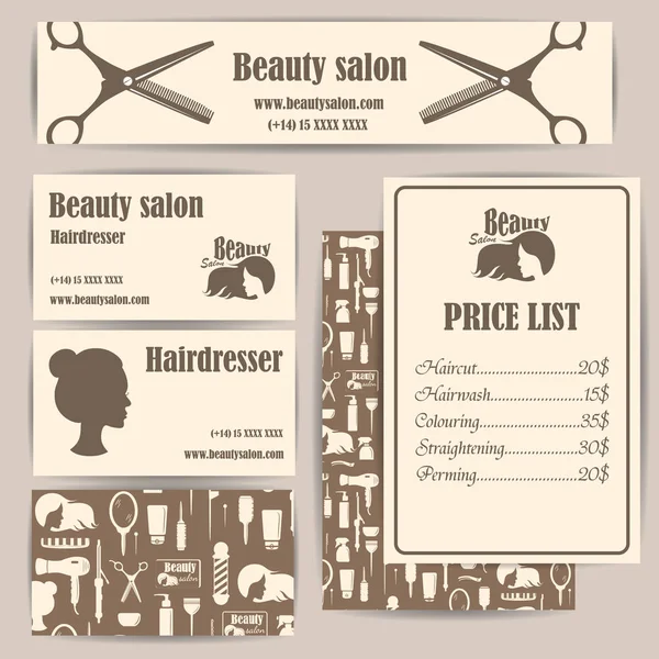 Salón Belleza Barbería Vintage Tarjetas Visita Diseño Precios Conjunto Plantillas — Vector de stock