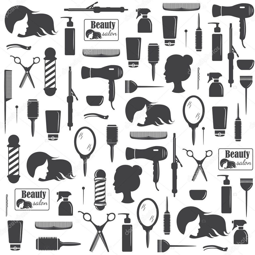 Hairdressers tools seamless pattern. Barber shop tools set. Flat icons for hairdressing saloon. Vector illustration
