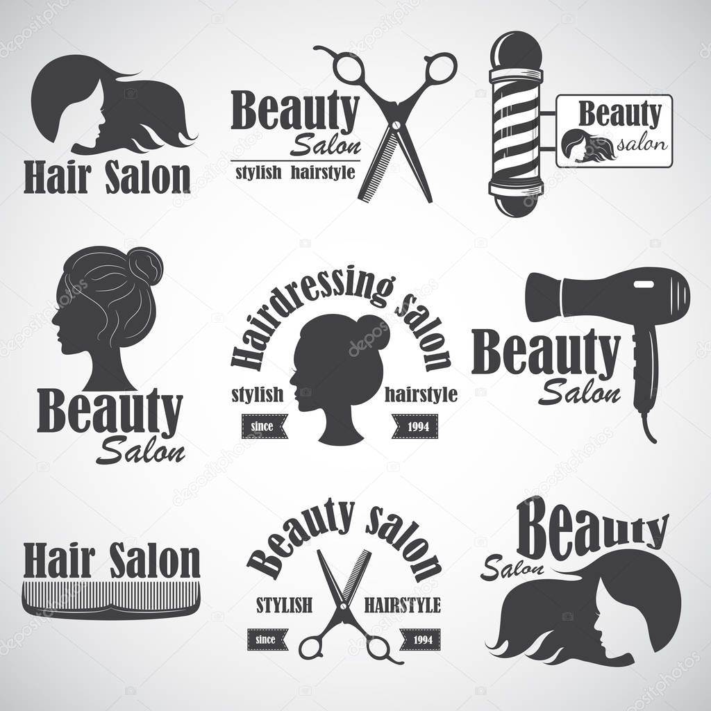 Set of vector emblem, label, badge, logos for hairdresser's salon, hair, beauty salon.