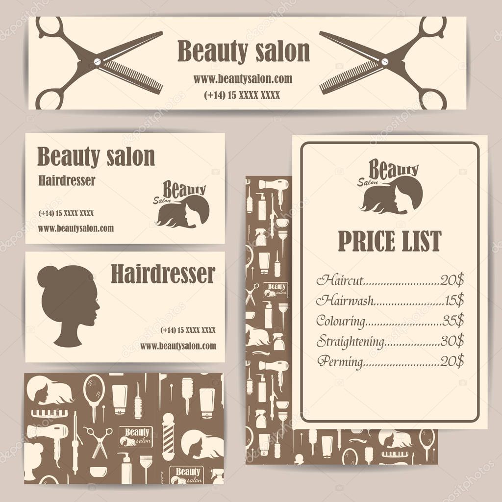 Beauty salon, barbershop vintage business cards and prices design template set. Vector illustration