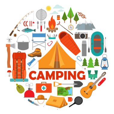 Zam ve düz kamp ekipmanları kümesi. Camper adam turist sırt çantası ile. Vektör çizim.