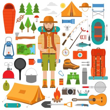 Zam ve düz kamp ekipmanları kümesi. Camper adam turist sırt çantası ile. Vektör çizim.