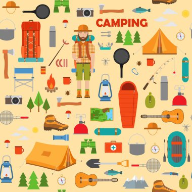 Kamp, hiking ve Dikişsiz desen Balık tutma. Vektör çizim.