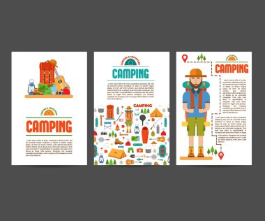 Kamp kart dizisini. Infographic arka plan hiking seyahat. Düzeni çizimler şablonu el ilanı, dergi, afiş, kitap kapağı, tipografi metinle afiş. Vektör çizim