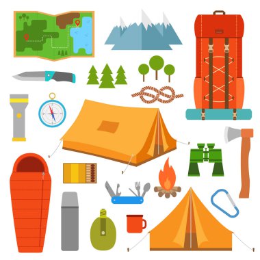 Kamp Icons set. Açık öğeler zammı. Vektör çizim
