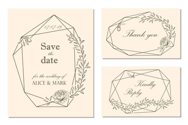 Запрошення Весілля Rsvp Зберегти Дизайн Карти Побачень Квітковою Рамкою Піоновидними — стоковий вектор