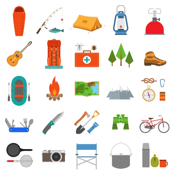 Conjunto Ícones Para Caminhadas Camping Equipamentos Ilustração Vetorial —  Vetores de Stock