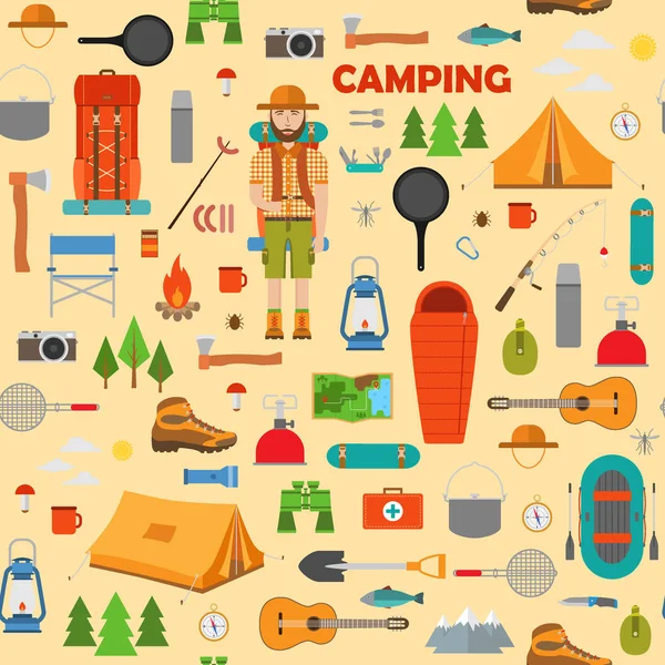 Camping Turystyka Wędkarstwo Wzór Ilustracja Wektorowa — Wektor stockowy