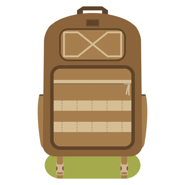 キャンプ バックパック 観光客は スリーピング バッグとバックパックをハイキングします フラットなデザインのベクトル図 — ストックベクタ