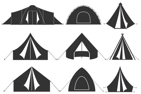 Conjunto Ícones Tenda Acampamento Preto Branco Ilustração Vetorial —  Vetores de Stock