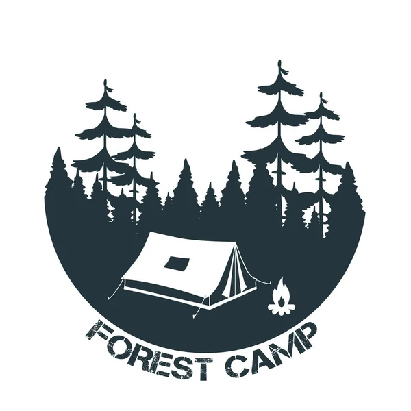 빈티지 그리고 로고입니다 숲에서 텐트입니다 캠프입니다 일러스트 — 스톡 벡터
