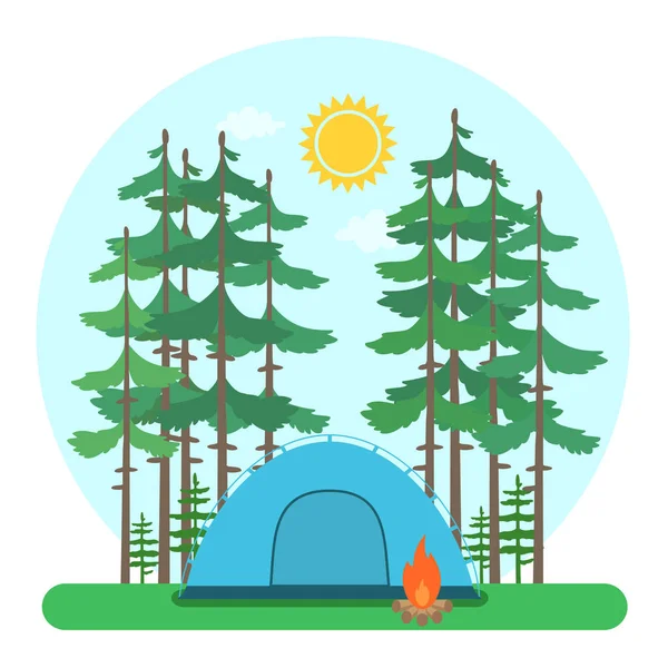 Campamento Forestal Tienda Con Una Fogata Bosque Ilustración Vectorial — Archivo Imágenes Vectoriales