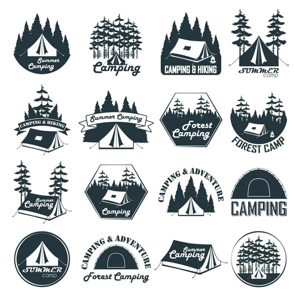 Set Von Vintage Camping Emblemen Logos Und Abzeichen Zeltlager Wald — Stockvektor