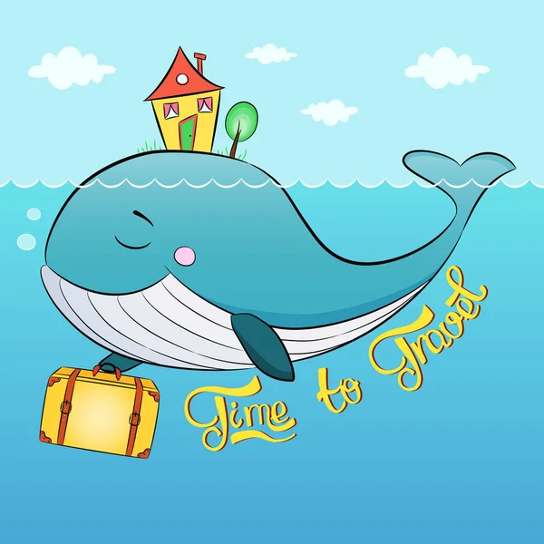 Balena Con Valigia Casa Nuotare Mare Letteratura Frase Tempo Viaggiare — Vettoriale Stock