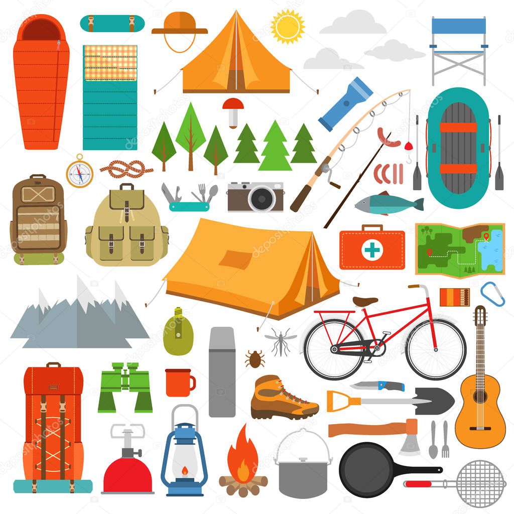 Mountain hike elements. Camping equipment vector illustration. 