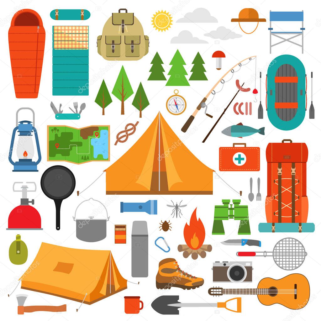 Hiking icons set. Camping equipment vector illustration. 