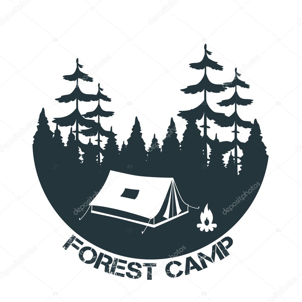 Vintage camping and outdoor adventure logo. Tent in forest. Forest camp. Vector illustration
