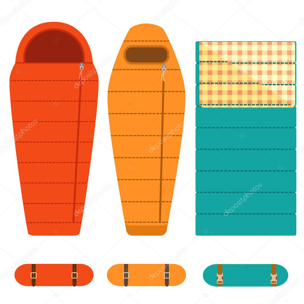 Camping tourist sleeping bags set. Hiking equipment for sleep. Unrolled and rolled sleep bag. Flat design vector illustration