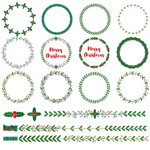 Set New Year Christmas Doodle Hand Drawn Pattern Brushes Wreath — Stock Vector