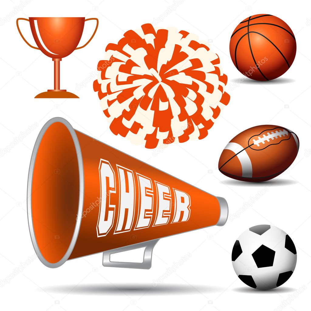 Cheerleading. Pompom with balls, cup and megaphone. Vector illustration