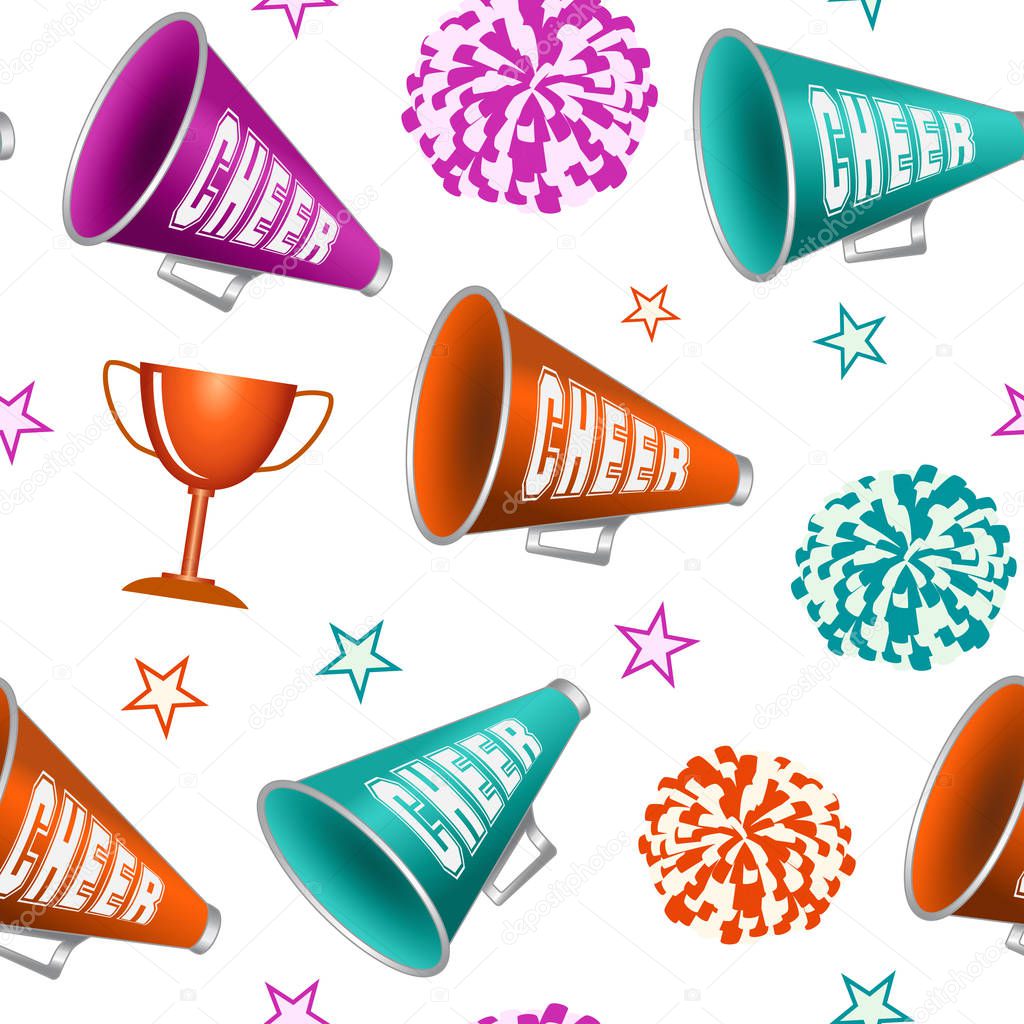 Cheerleading. Seamless pattern with pompoms, cup, stars and megaphones. Vector illustration