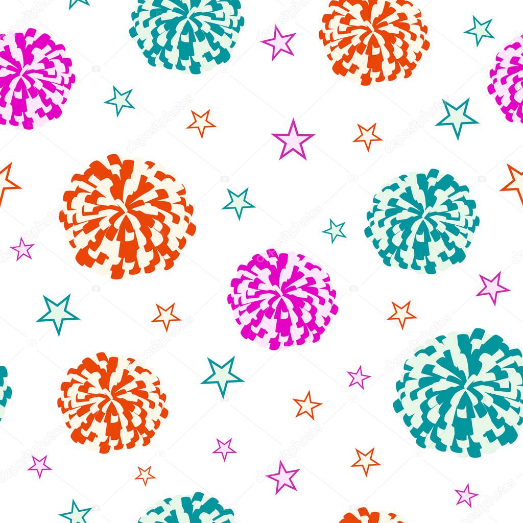 Cheerleading. Seamless pattern with pompoms and stars. Vector illustration