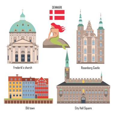 Düz stil Simgesel Yapı simgeler kümesi Danimarka: City Hall Square, Frederik'ın kilise, Rosenborg kale ve evleri ile eski şehir. Deniz kızı. Gezi koleksiyonu seyahat. Vektör çizim. 