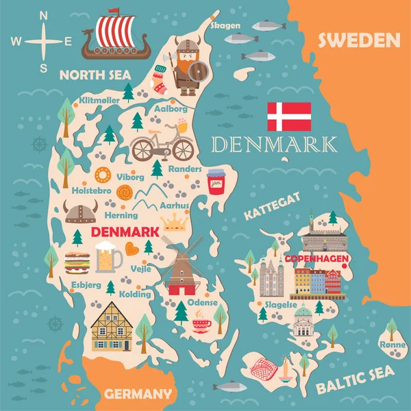 Carte Stylisée Danemark Illustration Voyage Avec Des Points Repère Danois — Image vectorielle