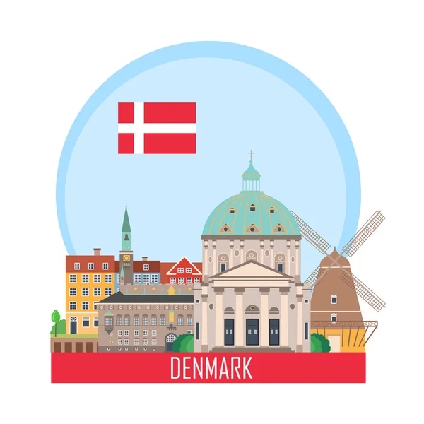 Denmark Copenhagen background with national attractions. Vector illustration. Icon for travel agency.