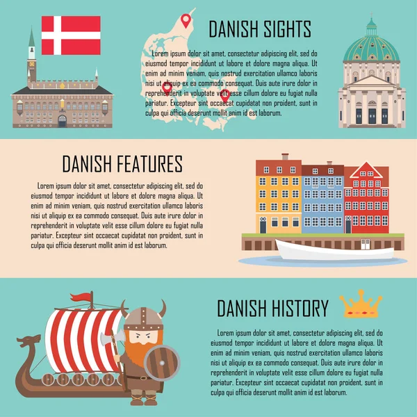 Danmark Banner Med Danska Sevärdheter Funktioner Historia Vektorillustration — Stock vektor