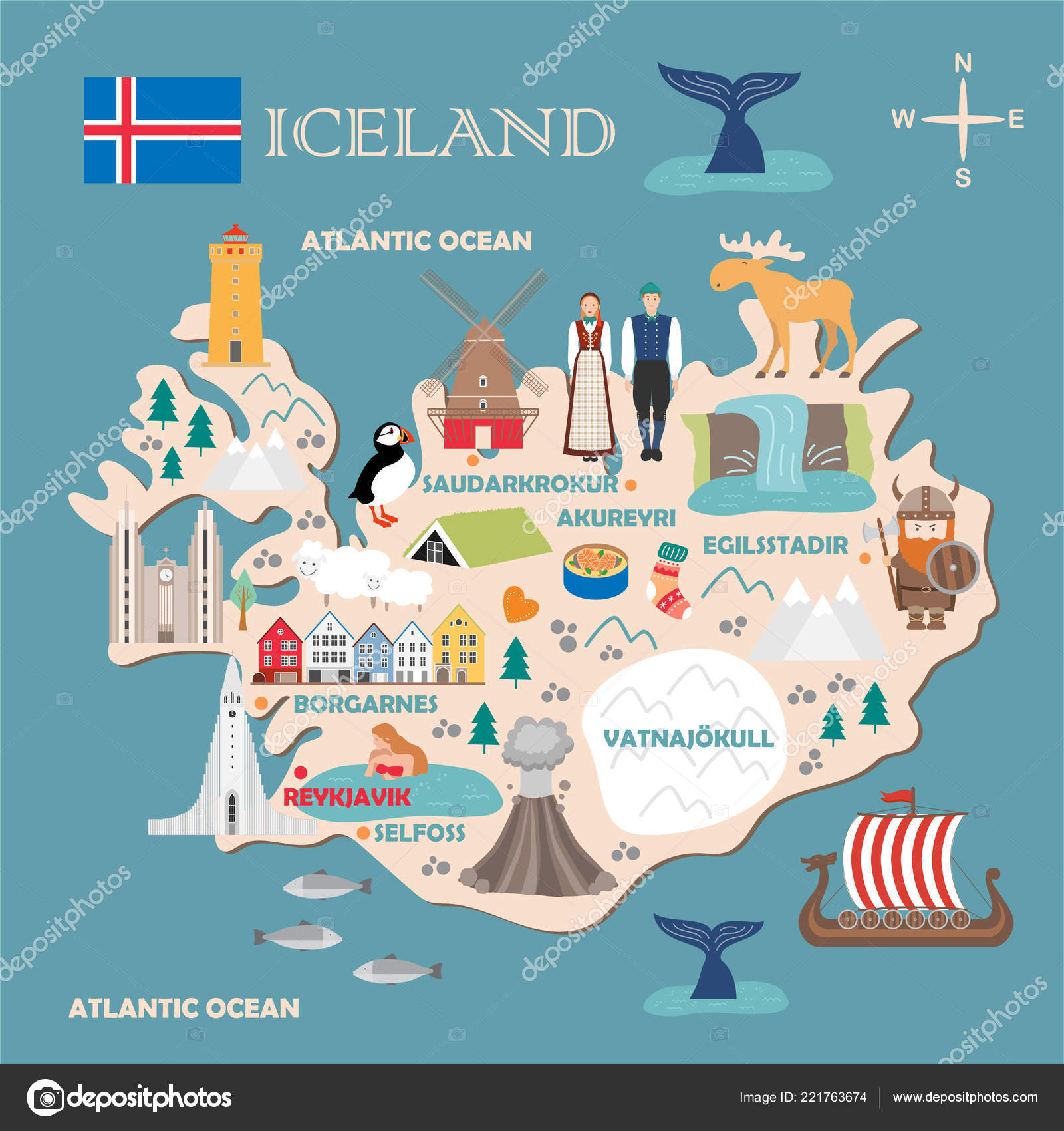 아이슬란드의 양식된입니다 아이슬란드 랜드마크 국기와 스타일에 일러스트 스톡 벡터 - ©yanabolbot.gmail.com  221763674, image size:1600x1700