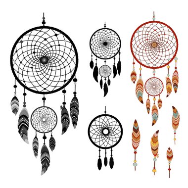 Düş kapanı ve beyaz arka plan üzerinde izole tüy. Yerli Kızılderili dreamcatcher. Renkli ve siyah logo vektör çizim
