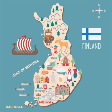 Stylized map of Finland. Travel illustration with danish landmarks, architecture, national flag, and other symbols in flat style. Vector illustration clipart